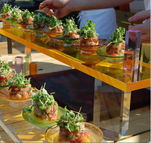 Premium Acrylic Food Platter Designer Risers 1" Blue Right Triangle 12"