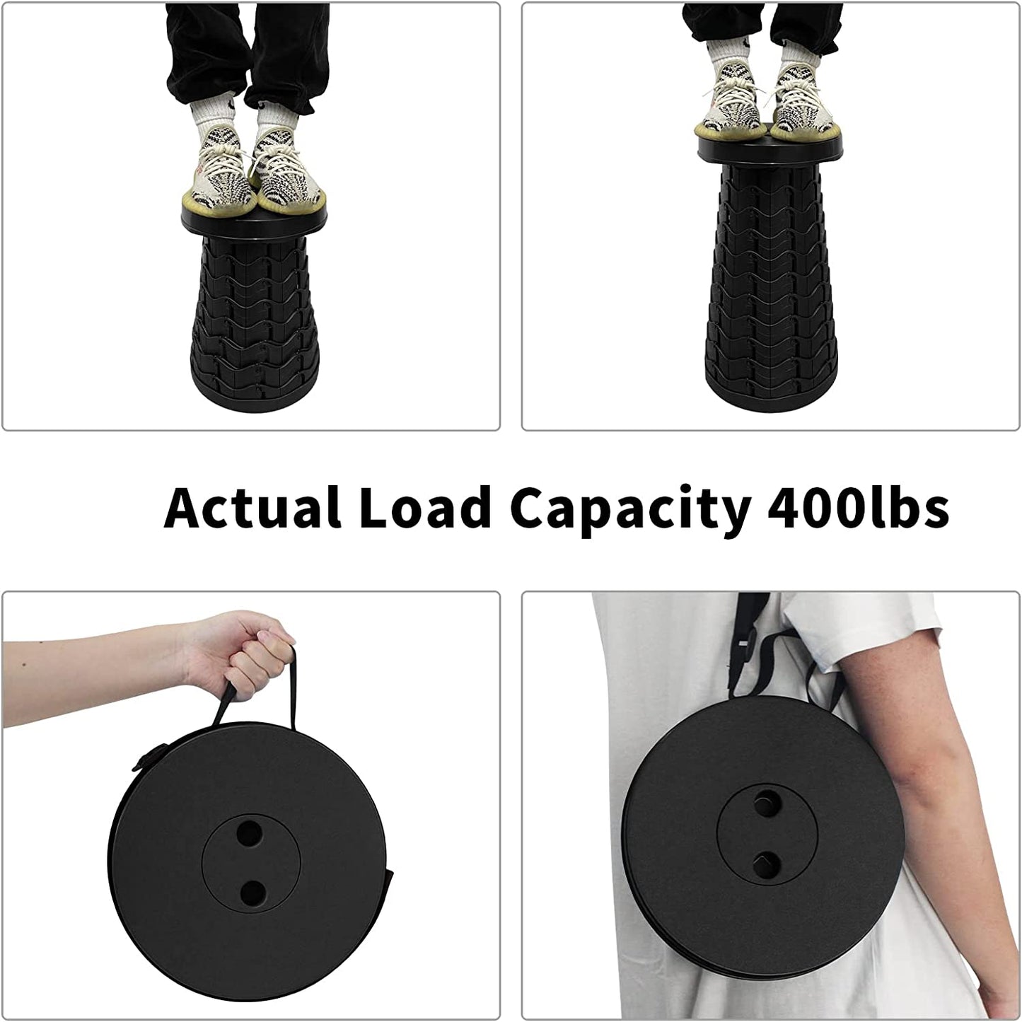 Black Collapsible Portable Chair, Retractable Folding Stool, Sturdy Telescopic Stool, Lightweight for Camping, Fishing, Hiking, Long Lines, Amusement Parks